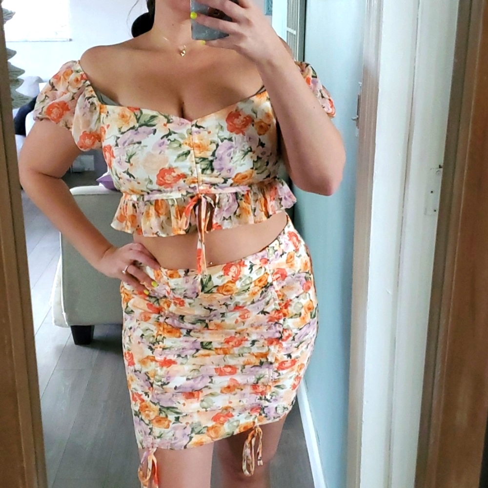 BLASHE Orange Floral Two Piece Skirt Set